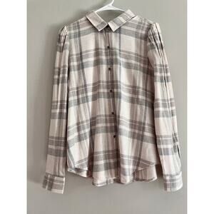 NWT Splendid Stitch Fix Grey Flannel Plaid Shirt Puff Sleeve Button Down Small